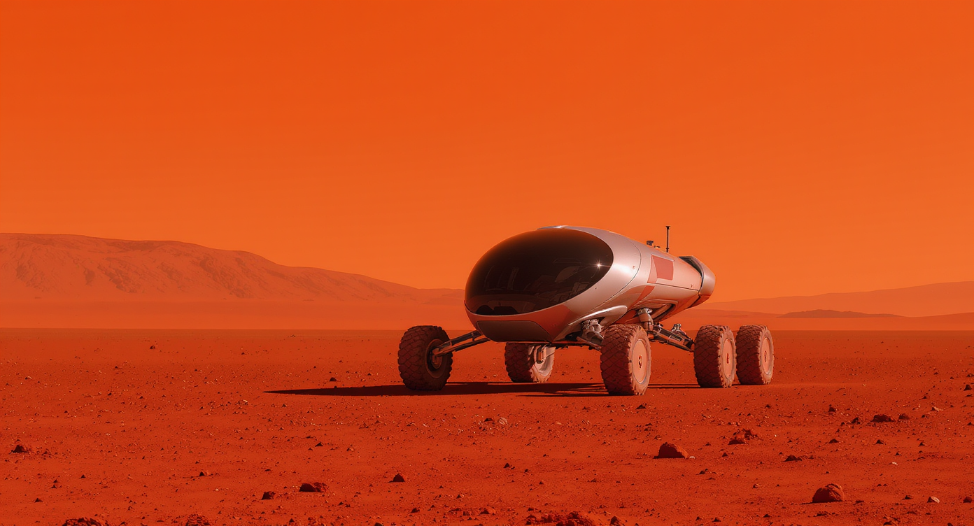 Survey team guiding a rover across the red surface